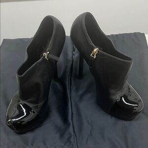 Yves Saint Laurent Black Leather Stiletto Booties with Patent Cap Toe